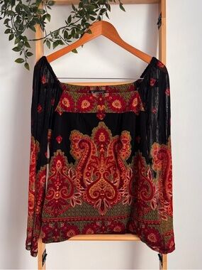 INC International Concepts Boho Paisley Medallion Top/Blouse Red/Black Size PS/S